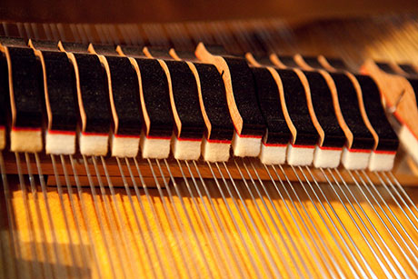 Close-up of Philip Kennedy tuning a piano
